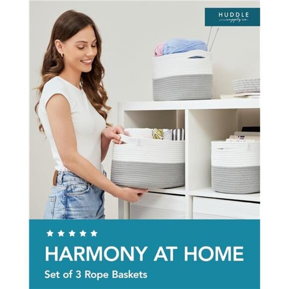 Washable Woven Storage Baskets for Organizing - 3-Pack Cotton Rope Basket - Picture 2 of 7